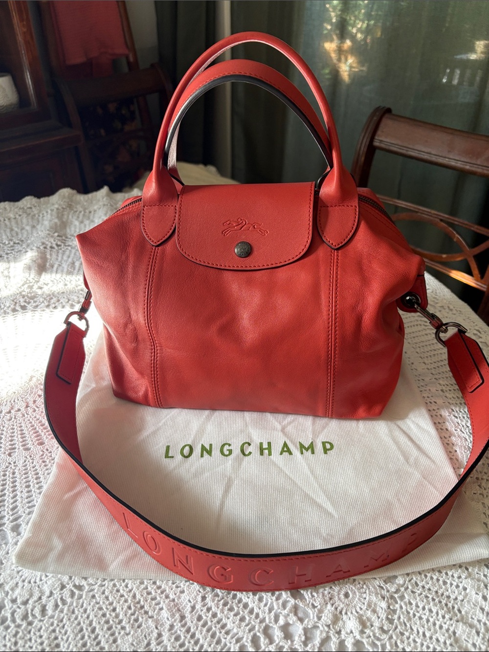 Longchamp Red Leather Satchel with Detachable Strap. Medium.